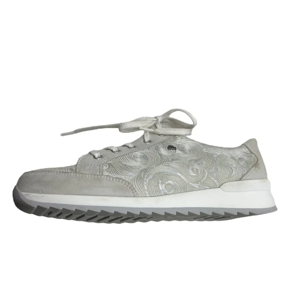 Finn Comfort Womens 6.5 Silver Swirl Leather Lace Up Walking Sneakers Germany
